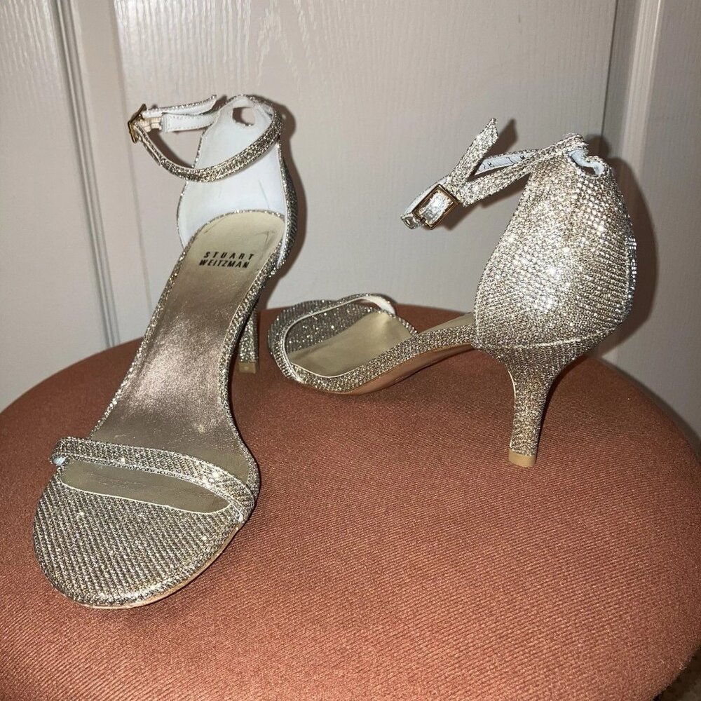 STUART WEITZMAN Heels SANDALS Glitter NAKED Nudist PLATINUM - Sz 7 M NEW!